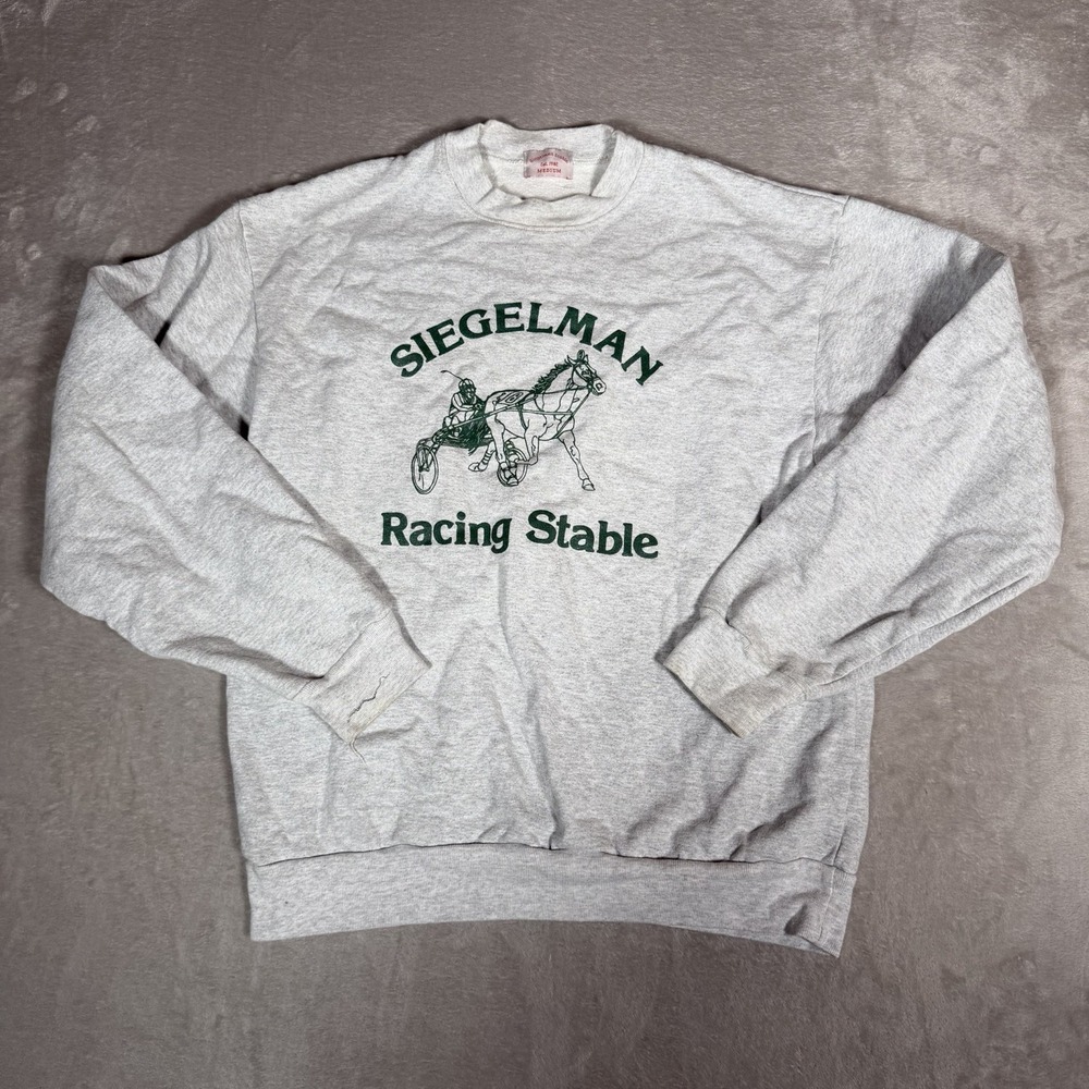Siegelman Stable Racing Stable Crewneck Sweatshirt Size Medium Grey Green Horse